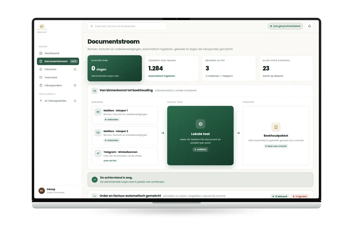 Administratie van Dubai Chocolates: automatische bonnen- en factuurstroom met inkooporder-controle