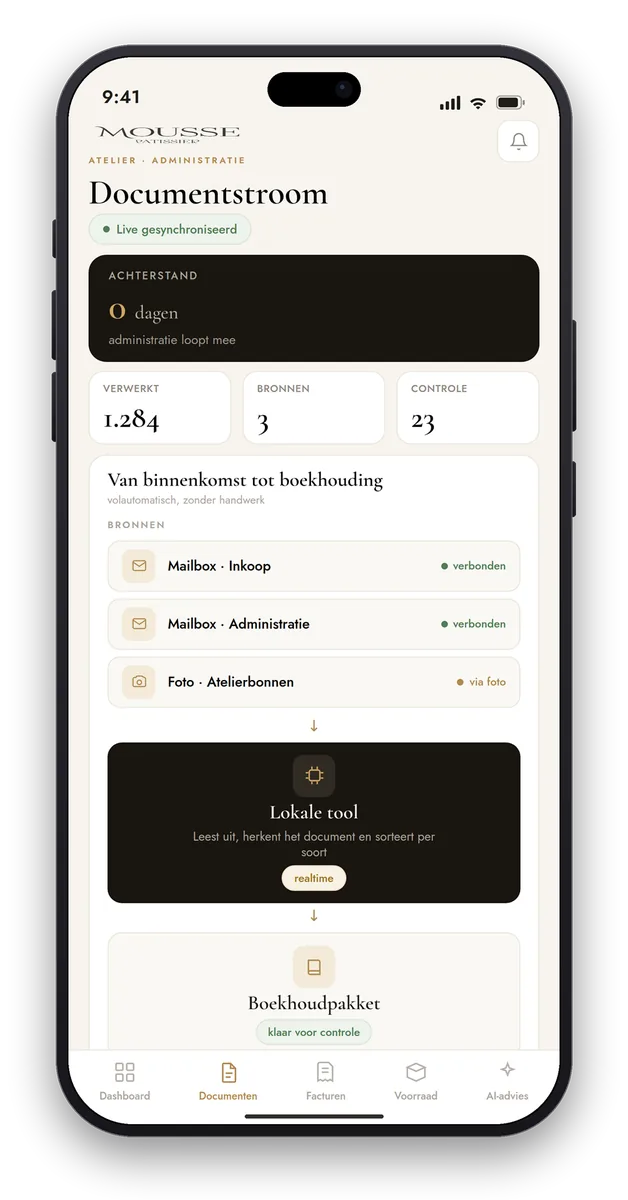 Boekhouding-app van Mousse Cakes: de documentstroom van mailbox en bonfoto via een lokale tool die alles uitleest en sorteert naar het boekhoudpakket, met realtime achterstand, verwerkte stukken en cijfers
