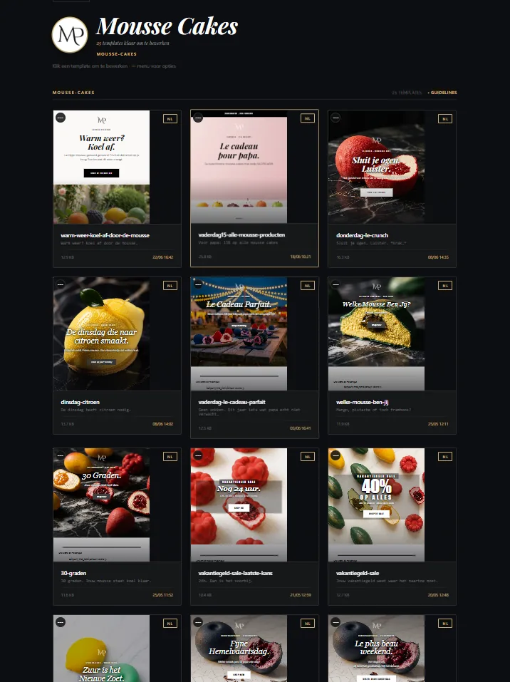 E-mailgenerator van Mousse Cakes: een galerij van 25 merkeigen e-mailtemplates in de Mousse-stijl, klaar om te bewerken en gekoppeld aan Klaviyo