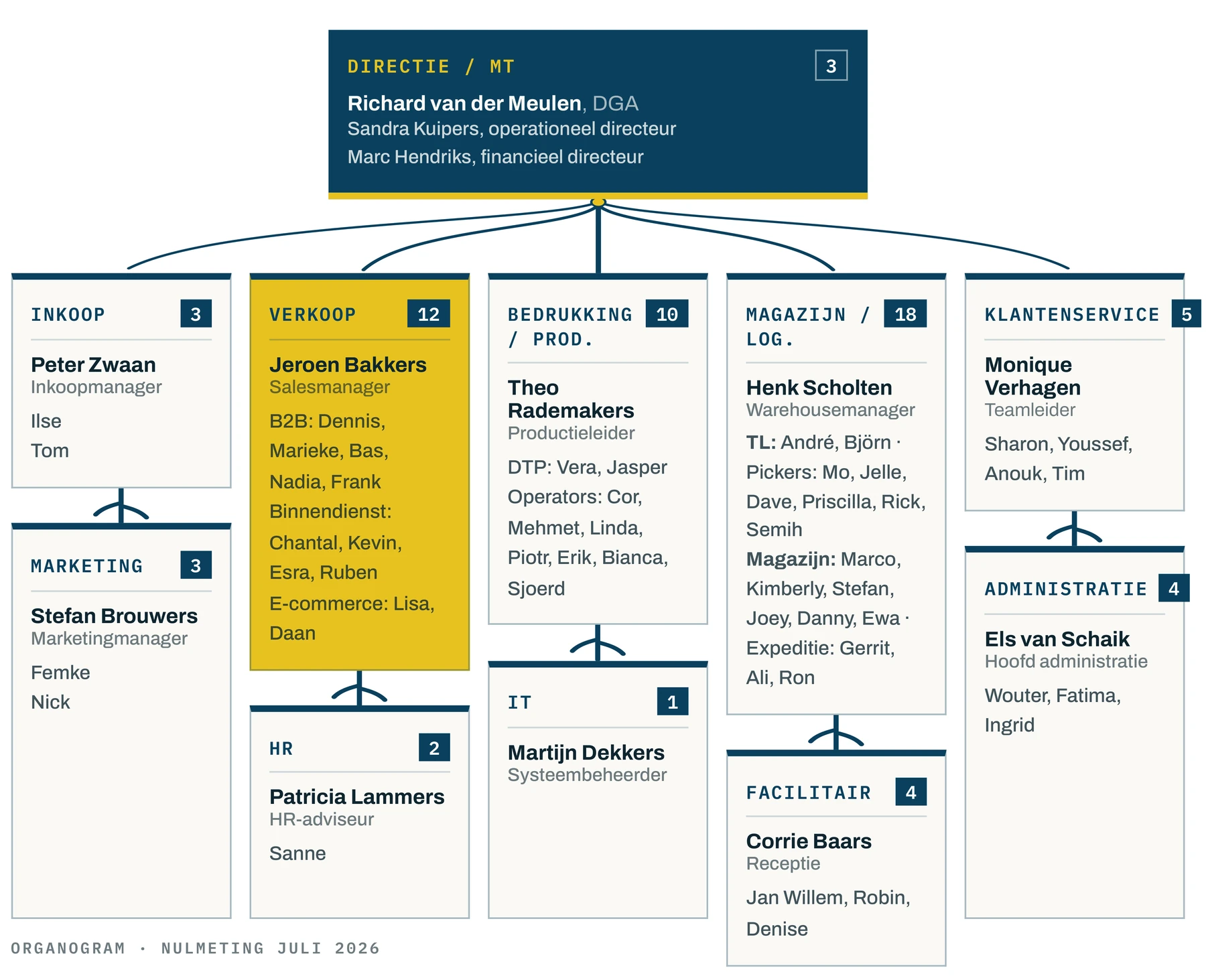 Organogram van het voorbeeldbedrijf: directie en alle afdelingen met bezetting